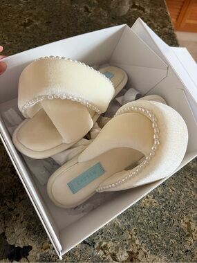 CHOSEN Ivory Pearl-Trim Satin Slide Mules